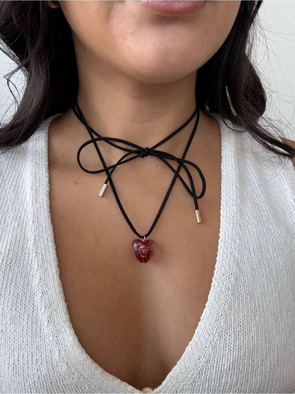 Suede Lariat Necklace with Red Heart Pendant
